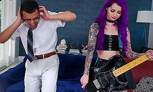 Purple-haired bimbo in stockings fucks her stepbro in the living square footage